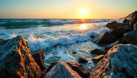 A stunning sunset casts a golden glow over a rocky coastline as waves crash against the shore.の素材