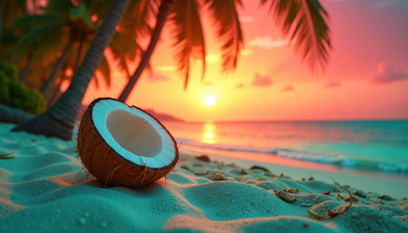 A serene beach scene at sunset with a halved coconut in the foreground, palm trees, and a vibrant sky.の素材