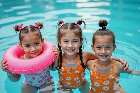 Three young girls with hair tied in buns and wearing colorful swimsuits are smiling and enjoying themselves in a swimming pool. One girl is holding a pink inflatable ring.の素材