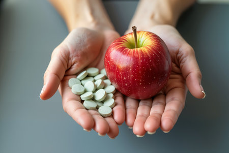 A person holds a red apple in one hand and a handful of green pills in the other, contrasting natural and synthetic health options.の素材