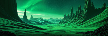 Breathtaking landscape of a mountainous region under a starry night sky, with a valley filled with lush greenery and towering rock formations.の素材