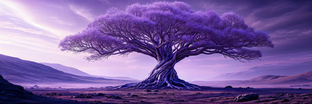 Large, purple tree with multiple branches and a thick trunk, standing prominently in the center of a barren landscape under a cloudy sky.の素材
