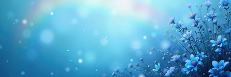 Beautiful blue flowers against a vibrant, glowing blue background, suggesting a birthday theme.の素材