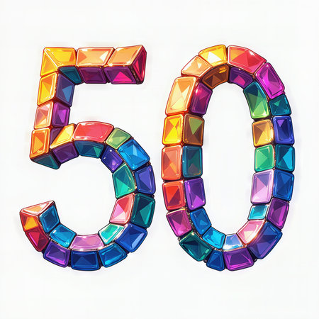 Greeting card for 50 years. Celebrate a milestone birthday with this vibrant, gemstone-adorned number 50.の素材
