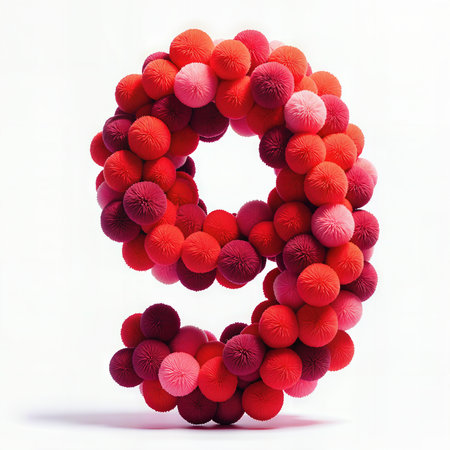Greeting card for 9 years. A vibrant and playful number nine made of fluffy red pompoms, perfect for a festive birthday celebration.の素材