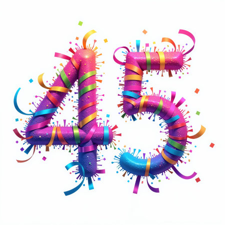 The number 45 is decorated with colorful ribbons and confetti on a white background, creating a festive atmosphere for a birthday card, featuring a vibrant and celebratory design.の素材