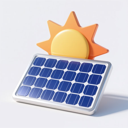 A minimalist illustration featuring a solar panel with a stylized sun symbol, symbolizing renewable energy and sustainability, set against a clean white background.の素材