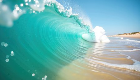 A magnificent turquoise wave crashes onto the sandy beach, creating a mesmerizing display of nature's power.の素材