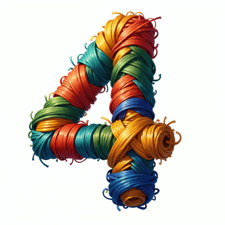 The number 4 is creatively formed by intertwining colorful yarn, creating a playful and vibrant illustration for a birthday card on a clean white background.の素材