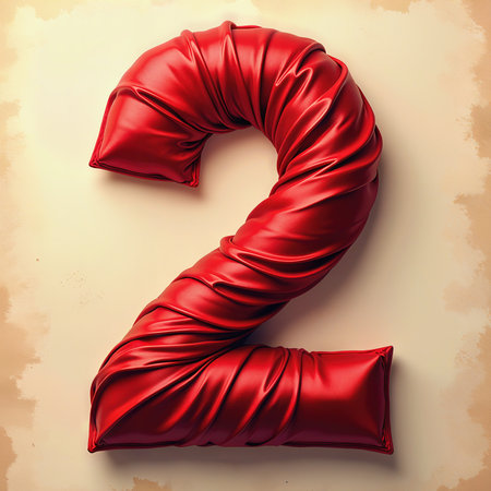 Greeting card for 2 years. A large red number two made from shiny, twisted fabric, set against a light, textured background.の素材