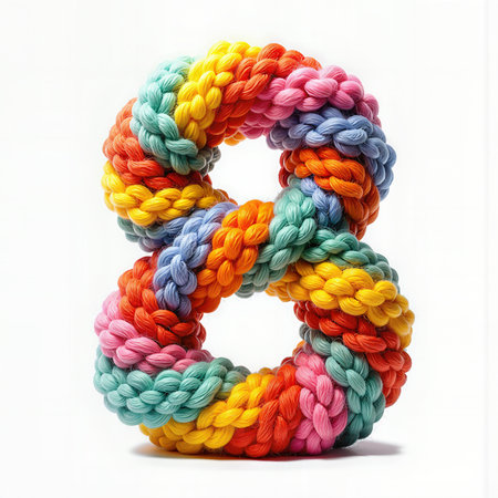 Greeting card for 8 years. A vibrant, knitted number eight in rainbow colors, perfect for a birthday celebration.の素材