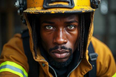 Firefighter with a serious expression, wearing his yellow helmet and gear, looking directly at the camera.の素材