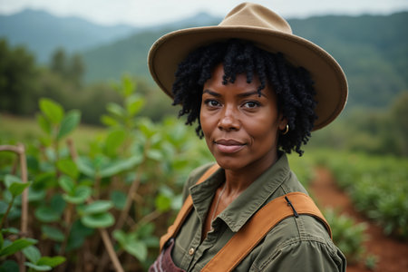 Woman wearing a brown hat and green overalls stands amidst plants, possibly indicating her role as a farmer or gardener.の素材