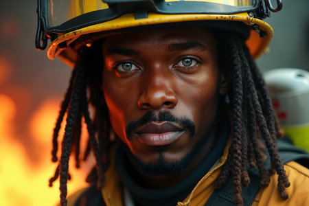 Firefighter with dreadlocks, wearing a yellow helmet and gear, looking directly at the camera with a serious expression.の素材