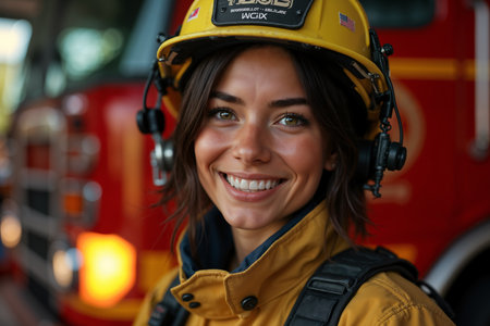 Smiling woman wearing a yellow firefighter's helmet and jacket, standing next to a red fire truck.の素材
