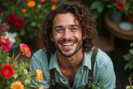 Smiling, long-haired man wearing a blue shirt and suspenders is surrounded by vibrant flowers, suggesting he might be a florist or gardener.の素材