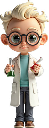 A cute cartoon scientist with oversized glasses holds two beakers, one with green liquid and the other with red. Isolated on white background.の素材