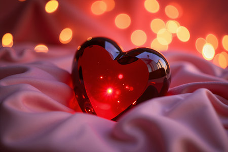 A heart-shaped ornament sits on a pink satin background, surrounded by blurred yellow lights, evoking a romantic Valentine's Day atmosphere.の素材