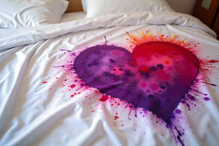 A vibrant Valentine's Day-themed bedspread features a large, heart-shaped design in purple and red hues, set against a crisp white background with subtle splashes of pink and orange.の素材