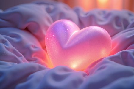 A heart-shaped ornament sits on a bed of pink and purple fabric, with a blurred background and a warm, soft color palette, evoking a cozy and intimate atmosphere of Valentine's Day.の素材