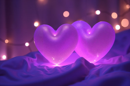 A festive scene for Valentine's Day, featuring two glowing pink hearts on a purple satin background, with a subtle bokeh effect and a warm, romantic atmosphere.の素材