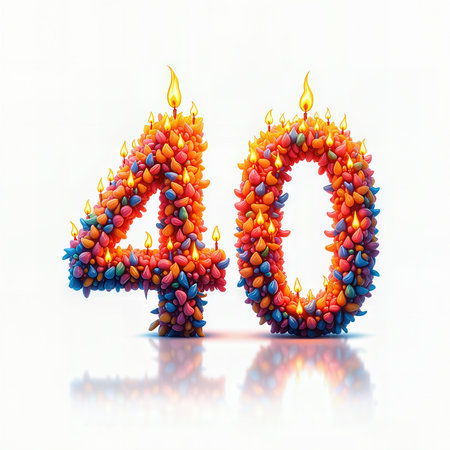 Greeting card for 40 years. Celebrate a 40th birthday with vibrant, lit candles forming the number 40.の素材