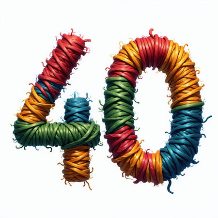 The number 40 is made up of intertwined threads in various colors on a white background, an illustration for a birthday card.の素材