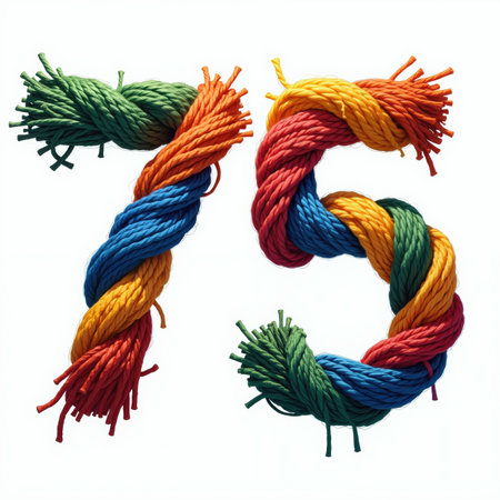 Illustration for a birthday card featuring number 75 made of colorful twisted yarn on a white background.の素材