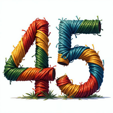 The number 45 is creatively formed using multicolored rope, with green grass at the base on a white background, perfect for a birthday card.の素材