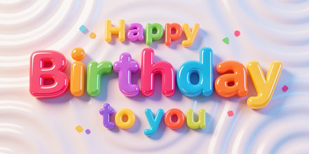 Vibrant birthday message in a playful style on a soft, swirly pastel background, celebrating a special day with shiny, multicolored letters and festive atmosphere.の素材