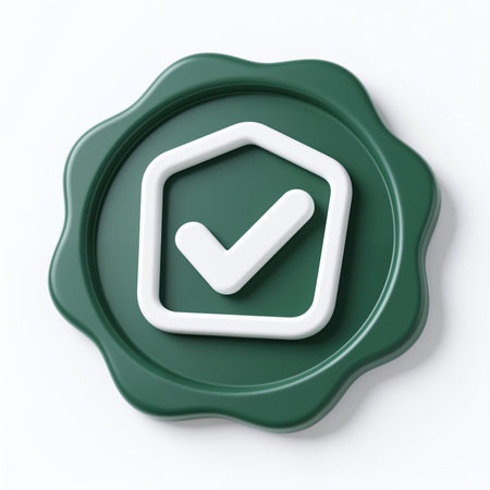 Digital illustration of a green wax seal with wavy edges and a check symbol in a hexagonal frame, in a minimalist style on a plain white background with dark shadow to the right.の素材