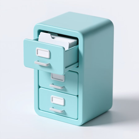 Soft, matte blue cabinet with rounded edges, open top drawer revealing white index cards, plain white background, minimalist style, subtle shadow, detailed textures.の素材