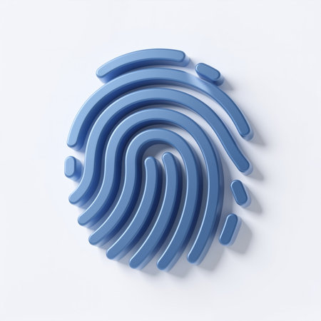 Bright blue fingerprint on a white surface in raised, stylized design with soft shadow and light, accentuating depth and realism.の素材