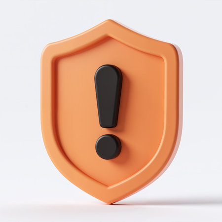 Carefully crafted orange shield icon features a prominent exclamation mark, conveying caution or alertness, standing upright on a pristine white background with soft subtle shadow.の素材