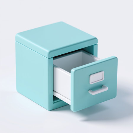 A minimalist teal-colored desk drawer cabinet is open, showing the empty drawer, on a white background, showing modern design in a simple setting.の素材