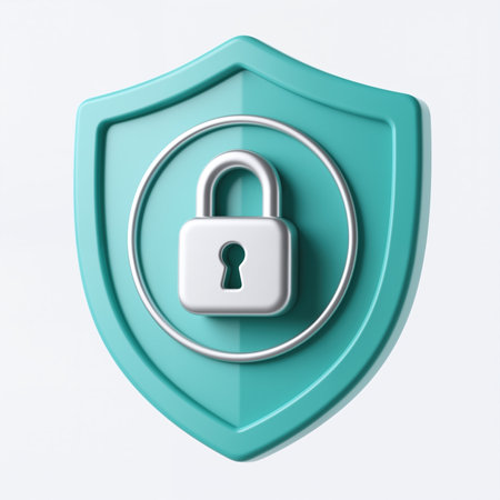 Silver padlock in teal shield, realistic style, on a white background, illustration representing security and protection, symbolizing safety and confidentiality, with a clean minimalist design.の素材