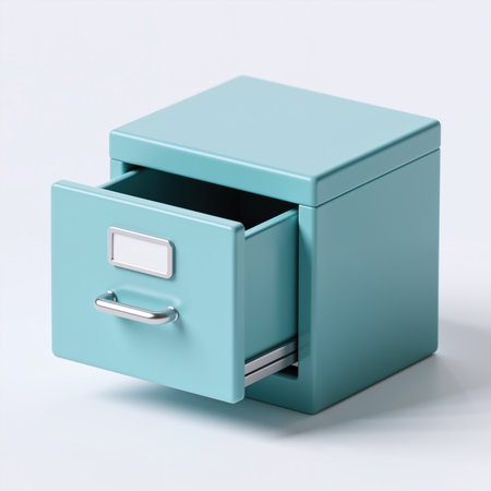 A sleek, minimalist, turquoise filing cabinet with partially opened drawer, blank label, and simple metal handle, on a plain white background with subtle shadow.の素材