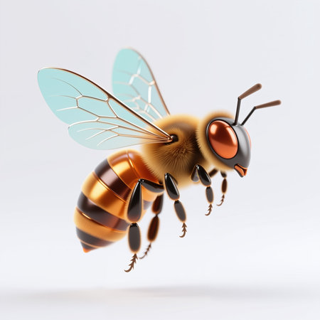 Beautiful digital illustration of a stylized bumble bee in mid-air with intricate details and a soft white background highlighting its shiny yellow and black stripes.の素材