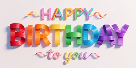 Vibrant, rainbow-colored illustration for birthday celebration, featuring twisted ribbons and cursive text, on a soft, creamy white background, in a playful, festive style.の素材