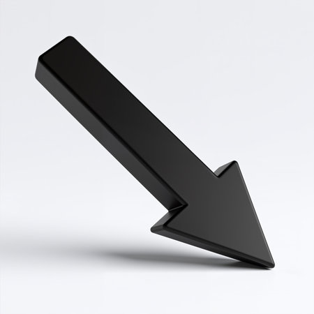 Glossy black arrow points downwards on plain white background with subtle shadow, showing sleek modern design and directional symbol.の素材