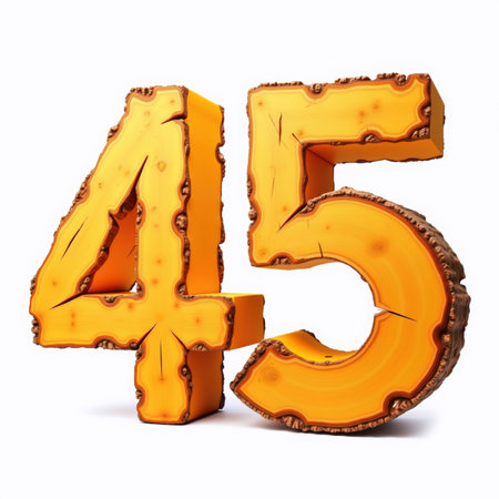 The number 45 is carved from wood, with a natural edge and visible tree rings, standing out against a clean white background.の素材