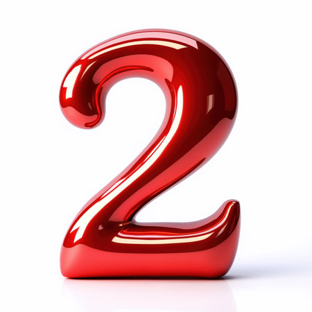 Illustration for a birthday card, number 2 is a shiny red metallic number on a white background, reflecting light and casting a subtle shadow.の素材