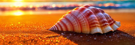 A vibrant sunset on the beach with a single, colorful shell resting on the sandy shore.の素材