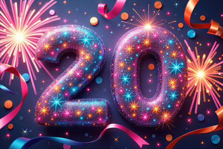 Greeting card for 20 years. Celebrate a 20th birthday with vibrant fireworks and sparkling decorations.の素材