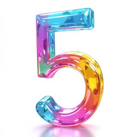 The number 5 is a shiny, colorful illustration for a birthday card, with a gradient effect on a white background.の素材