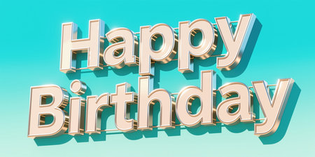 Golden 3d text on turquoise background for birthday celebration, shiny metallic effect, modern typography.の素材