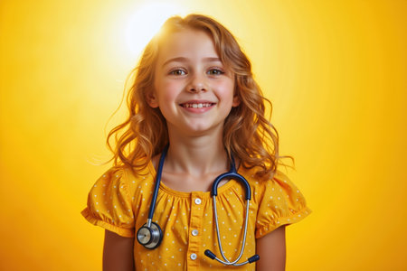 A cheerful young girl with long red hair, wearing a yellow polka-dot dress, and holding a stethoscope around her neck, posing against a bright yellow background.の素材
