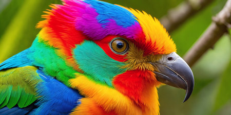 Colorful tropical bird in jungle on a sunny day. Rainforest illustration with bright beautiful birdie among exotic plants with big leaves. Background with pristine nature landscape. Generative AIの素材