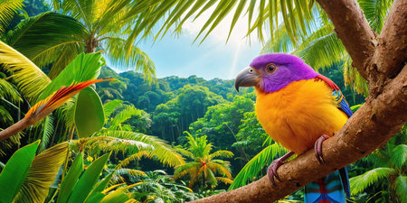 Colorful tropical bird in jungle on a sunny day. Rainforest illustration with bright beautiful birdie among exotic plants with big leaves. Background with pristine nature landscape. Generative AIの素材