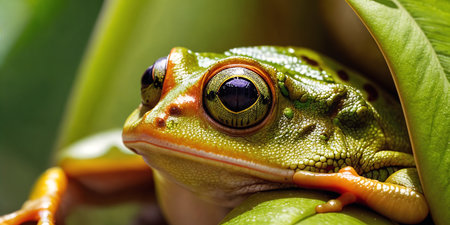 Tropical frog in jungle on a sunny day. Rainforest illustration with bright colorful amphibian among exotic plants with big leaves. Background with pristine nature landscape. Generative AIの素材